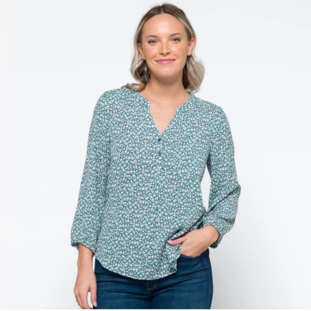 Market & Spruce Prat Henley 3/4 Sleeve Blouse Blue M Stitch Fix‎ New With Tags